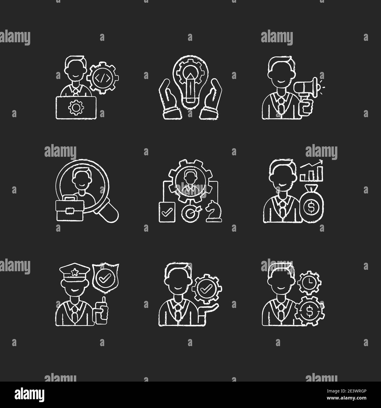 Organization structure chalk white icons set on black background Stock ...