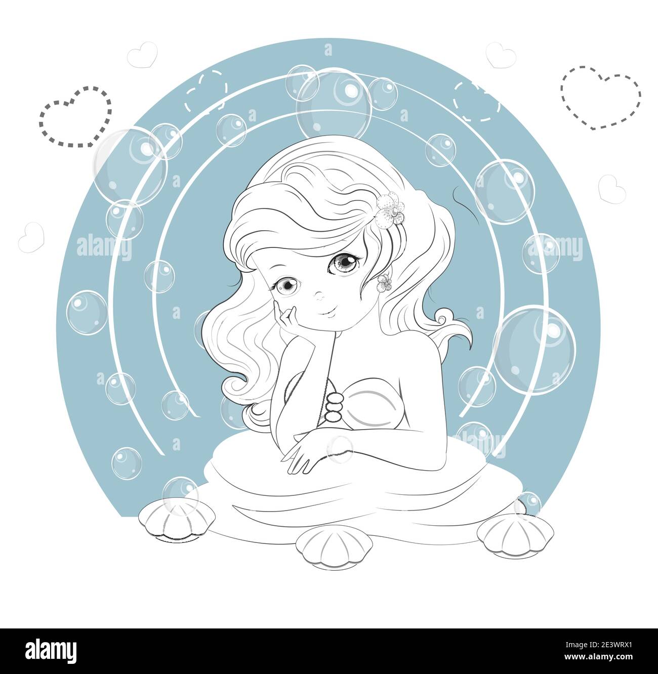 coloring book beautiful, charming little mermaid princess, picture in hand drawing cartoon style, for t-shirt wear fashion print design, greeting card Stock Vector
