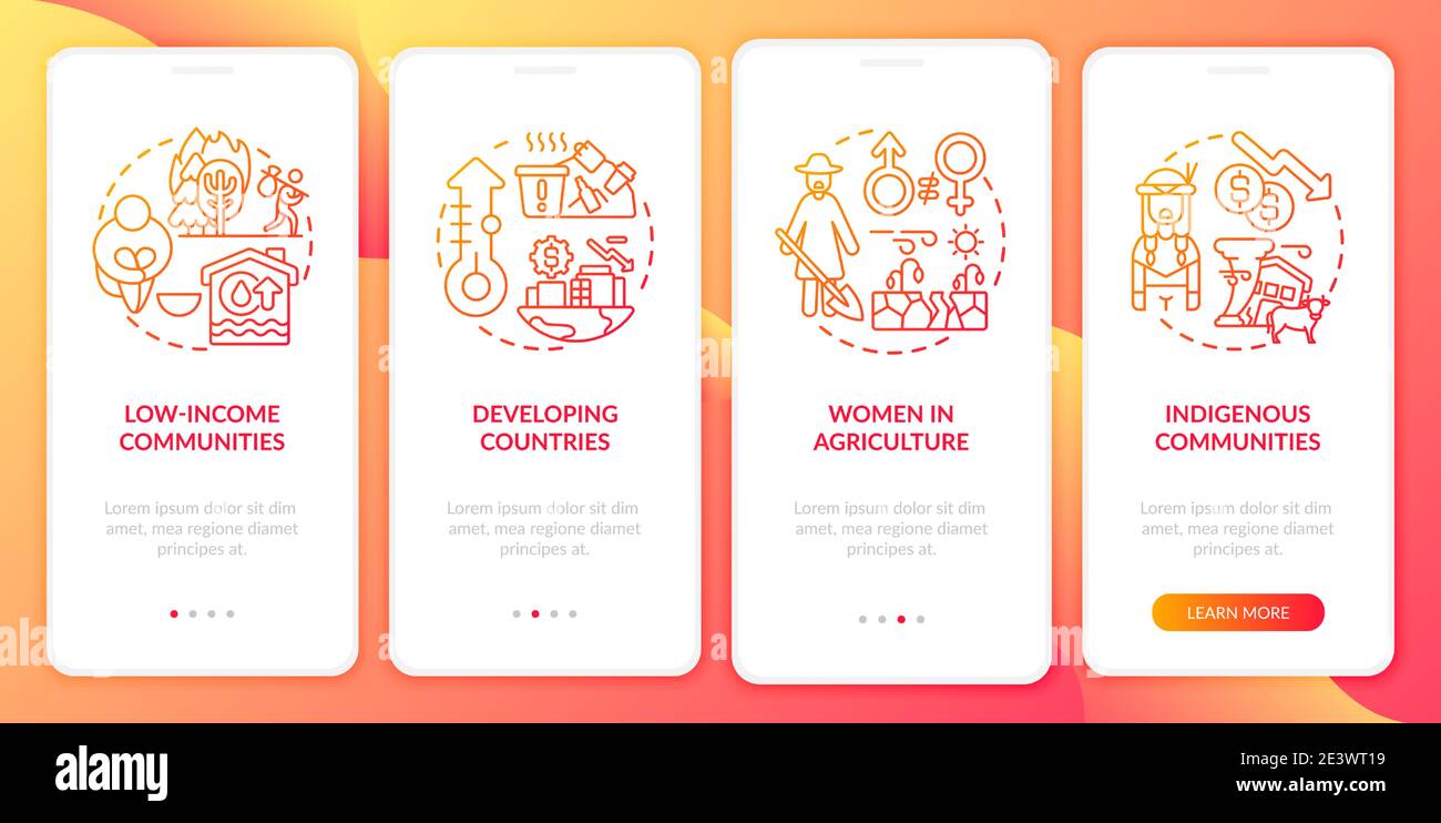 Climate poverty risk groups onboarding mobile app page screen with concepts Stock Vector