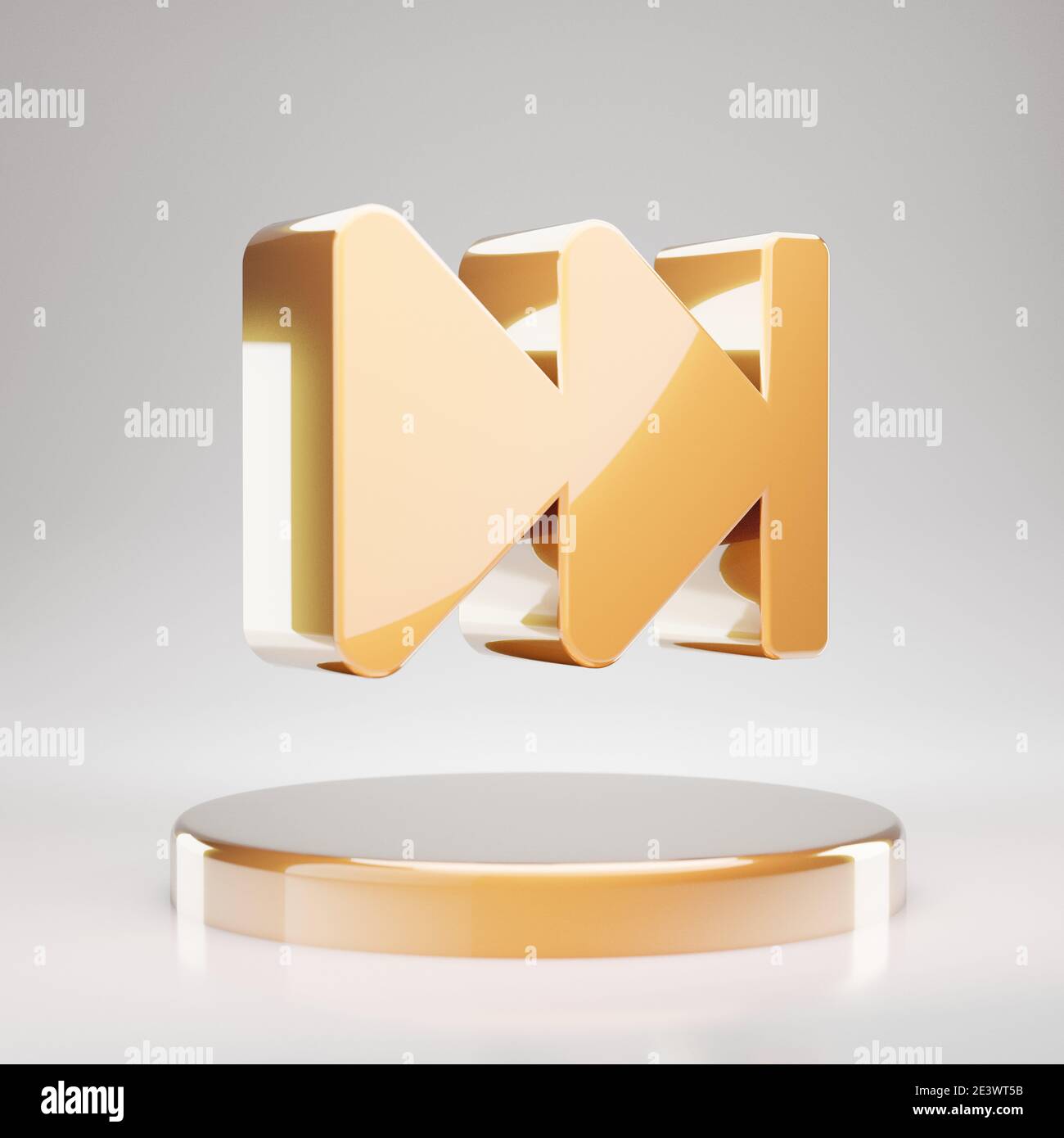 Fast Forward icon. Yellow Gold Fast Forward symbol on golden podium. 3D rendered Social Media Icon. Stock Photo
