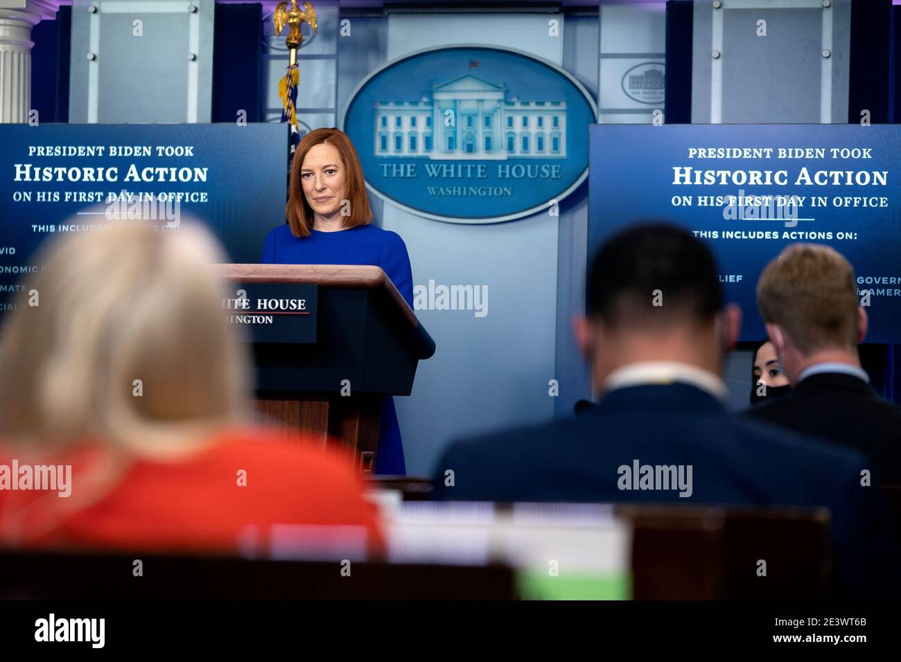 Jen Psaki, White House Press Secretary, speaks during a press briefing in the James S. Brady Press Briefing Room at the White House in Washington, DC, U.S., on Wednesday, Jan. 20, 2021. President Joe Biden will propose a broad immigration overhaul on his first day as president, including a shortened pathway to U.S. citizenship for undocumented migrants - a complete reversal from Donald Trump's immigration restrictions and crackdowns, but one that faces major roadblocks in Congress. Credit: Stefani Reynolds/Pool via CNP | usage worldwide Stock Photo