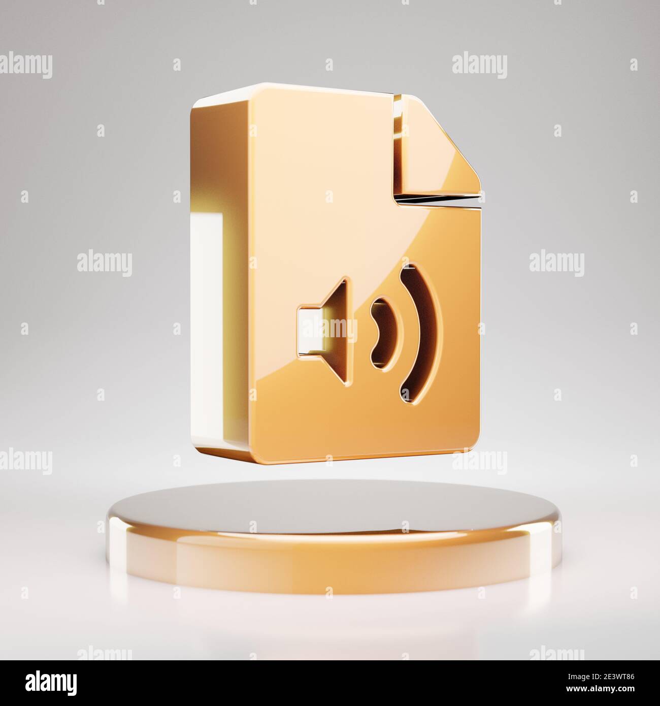 Audio File icon. Yellow Gold Audio File symbol on golden podium. 3D rendered Social Media Icon. Stock Photo