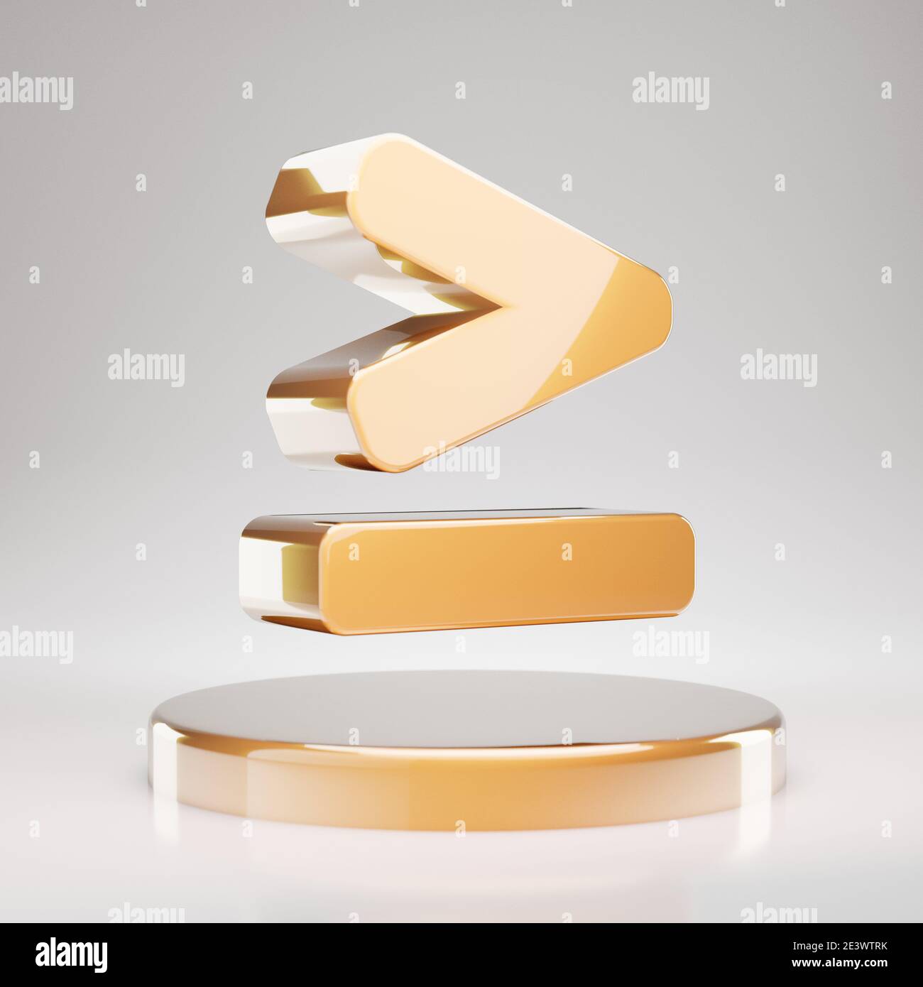Greater Than or Equal icon. Yellow Gold Greater Than or Equal symbol on golden podium. 3D rendered Social Media Icon. Stock Photo