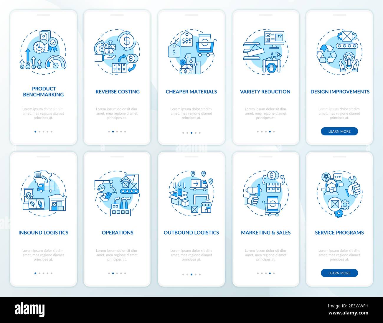 Value chain components onboarding mobile app page screen with concepts set Stock Vector