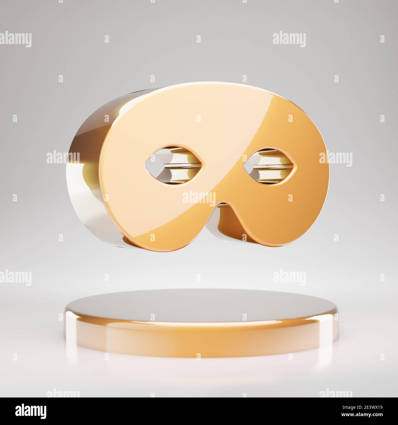 Mask icon. Yellow Gold Mask symbol on golden podium. 3D rendered Social ...