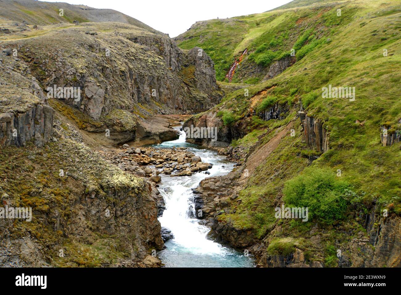The view of a remote waterfalls off Route 1 near Jokuldalur, Iceland in the summer Stock Photo