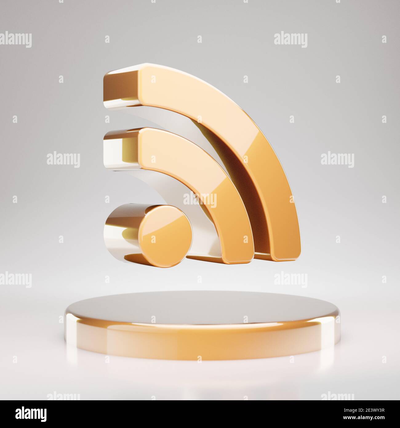 RSS icon. Yellow Gold RSS symbol on golden podium. 3D rendered Social Media Icon. Stock Photo