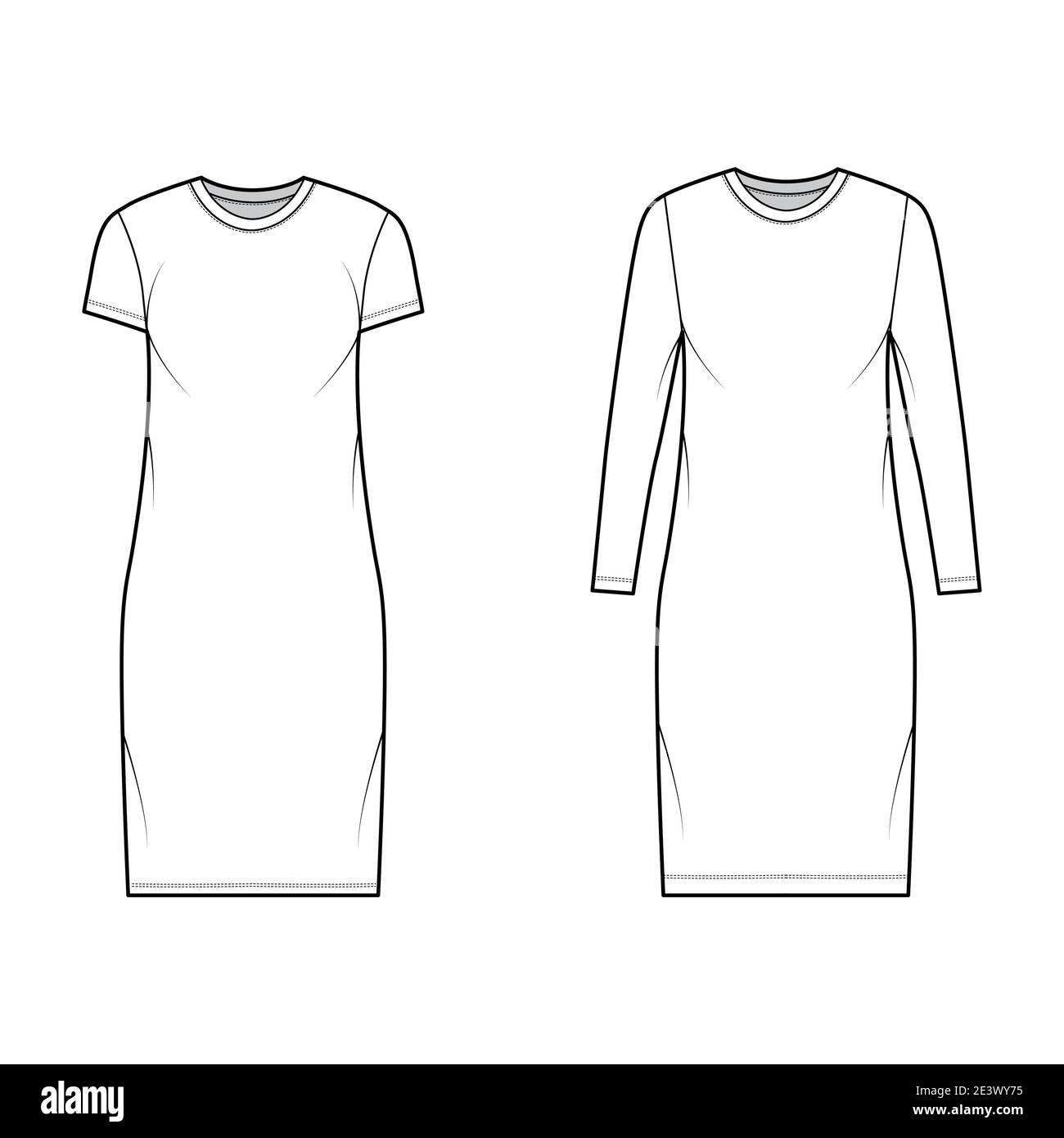 Set of T-shirt dresses technical fashion illustration with crew neck, long and short sleeves, knee length, oversized. Flat apparel template front, white color. Women, men, unisex CAD mockup Stock Vector