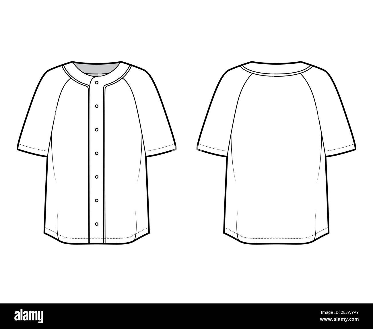 Shirt baseball button front technical fashion illustration with raglan  short sleeves, button up, oversized. Flat apparel jersey top outwear  template front back white color. Women men unisex CAD mockup Stock Vector  Image