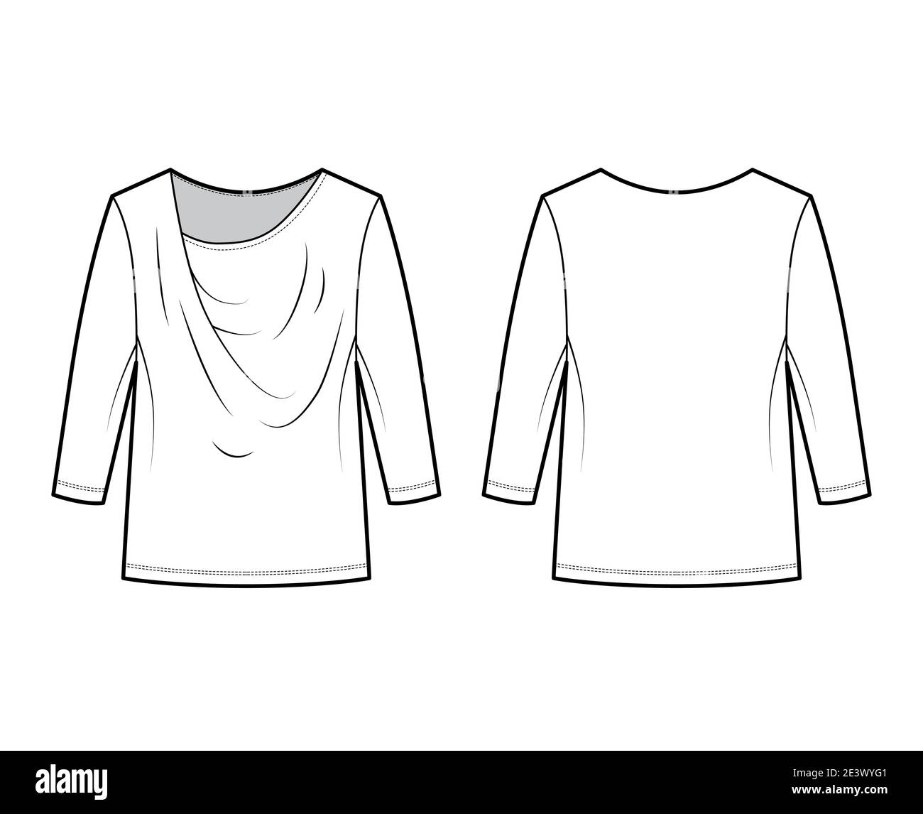 T-Shirt draped technical fashion illustration with long sleeves, tunic length, oversized. Apparel blouse top outwear template front, back, white color. Women men unisex CAD mockup Stock Vector