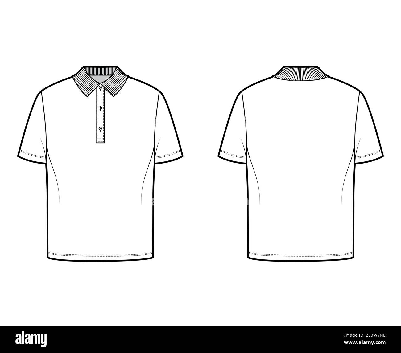 Shirt polo technical fashion illustration with short sleeves, tunic length, henley neck, oversized, flat knit collar. Apparel top outwear template front, back, white color. Women men unisex CAD mockup Stock Vector