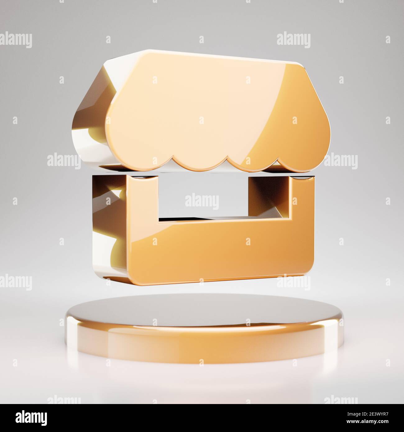 Store icon. Yellow Gold Store symbol on golden podium. 3D rendered ...
