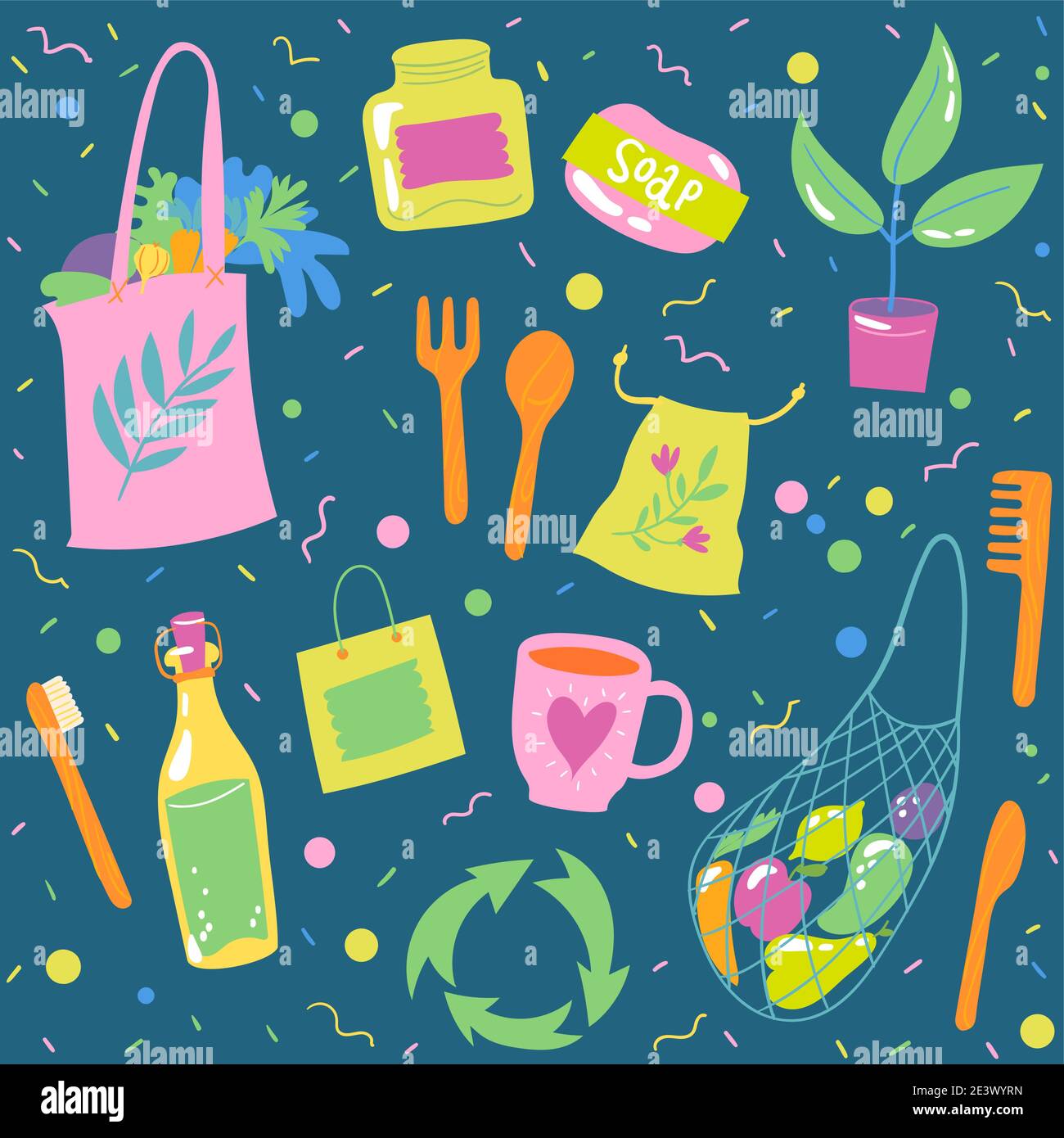 Seamless pattern background with ecological symbols on dark background Stock Vector