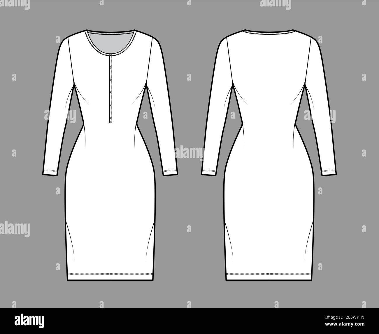 Shirt dress technical fashion illustration with henley neck, long sleeves, knee length, fitted body, Pencil fullness. Flat apparel template front, back, white color. Women, men, unisex CAD mockup Stock Vector