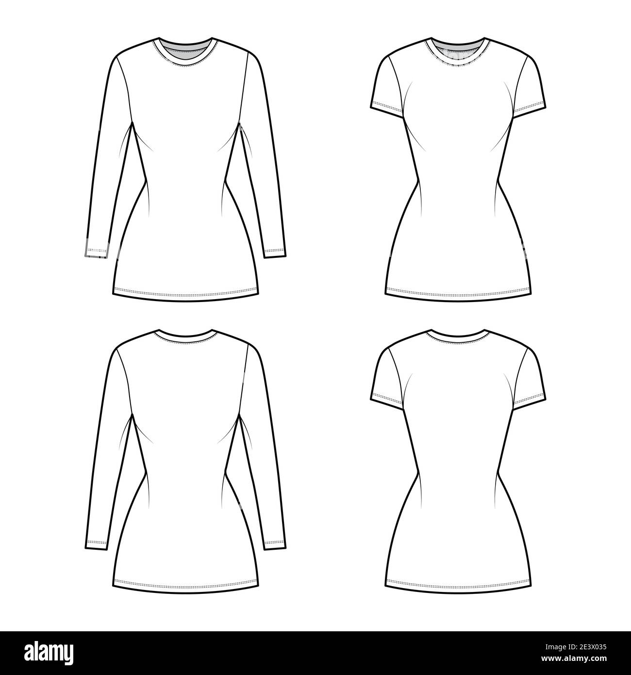 Set of Tshirt dresses technical fashion illustration with crew neck Set of Tshirt dresses technical fashion illustration with crew neck