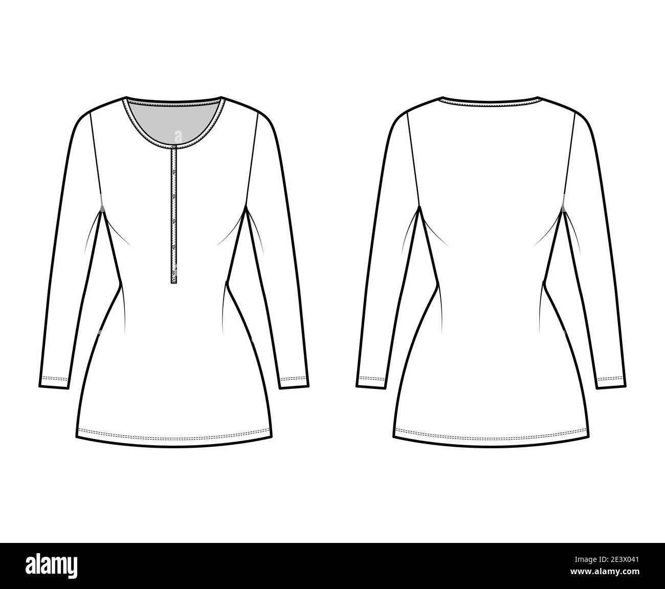 Shirt dress mini technical fashion illustration with henley neck, long sleeves, fitted body, Pencil fullness, stretch jersey. Flat apparel template front, back, white color. Women, men, CAD mockup Stock Vector