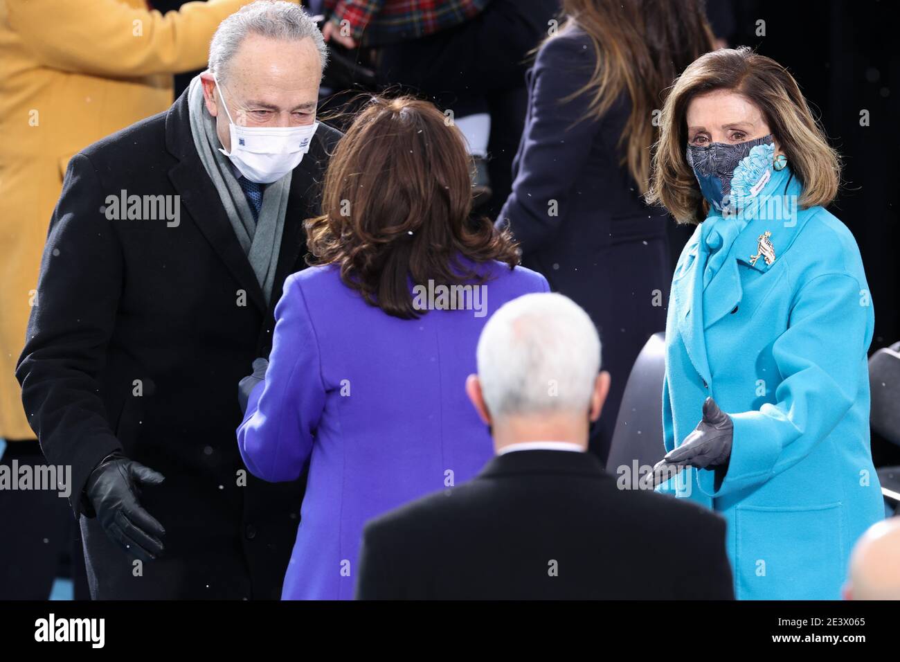 Washington, USA. 20th Jan, 2021.Chuck Schumer and Nancy Pelosi speak to Vice President-elect Kamala Harris during the Inauguration Day ceremony of President-Elect Joe Biden and Vice President-Elect Kamala Harris held at the U.S. Capitol Building in Washington, D.C. on Jan. 20, 2021. President-elect Joe Biden becomes the 46th President of the United States at noon on Inauguration Day. (Photo by Oliver Contreras/Sipa USA) Stock Photo