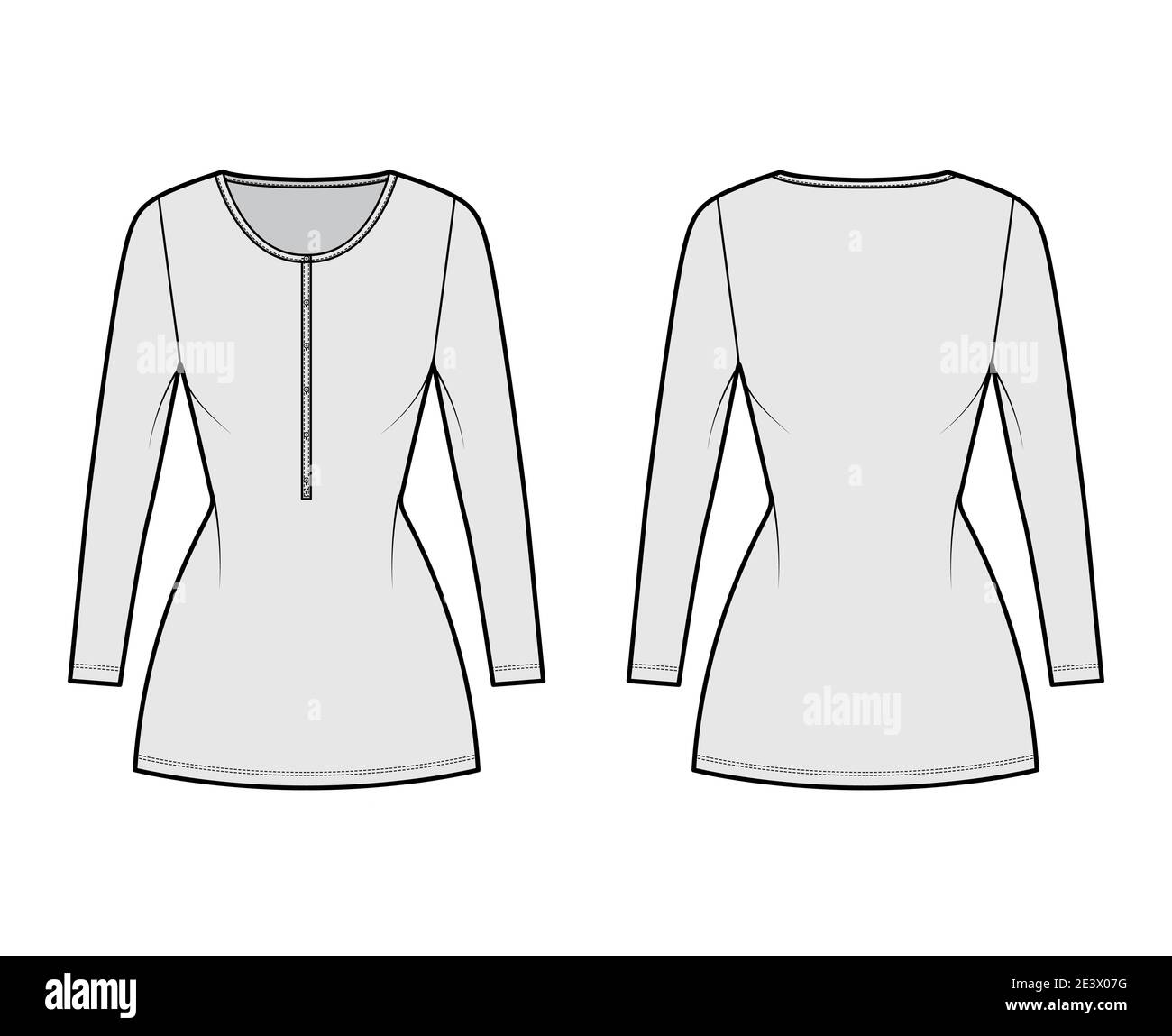 Shirt dress mini technical fashion illustration with henley neck, long sleeves, fitted body, Pencil fullness, stretch jersey. Flat apparel template front, back grey color. Women, men unisex CAD mockup Stock Vector