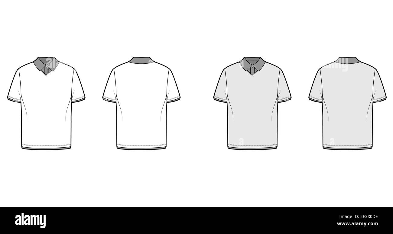 Double t-shirt technical fashion illustration with short sleeves, tunic length, henley neck, flat knit collar. Apparel top outwear template front, back, white, grey color. Women men unisex CAD mockup Stock Vector