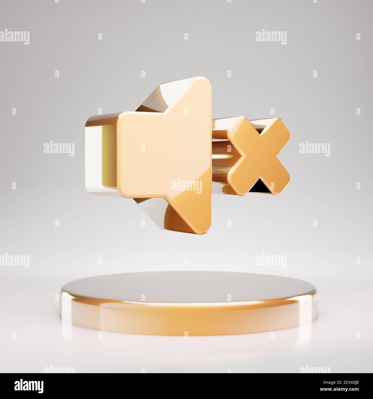 Mute Volume icon. Yellow Gold Mute symbol on golden podium. 3D rendered Social Media Icon. Stock Photo
