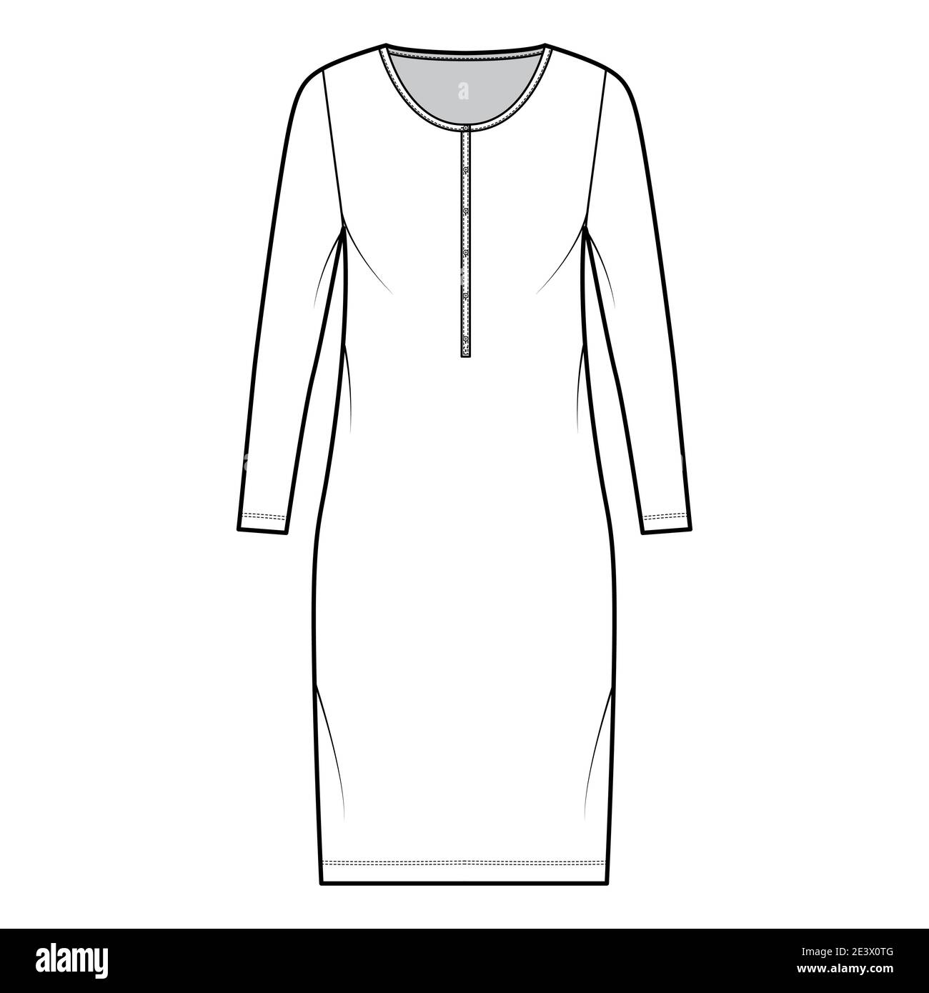 Shirt dress technical fashion illustration with henley neck, long sleeves, knee length, oversized, Pencil fullness. Flat apparel template front, white color. Women, men, unisex CAD mockup Stock Vector