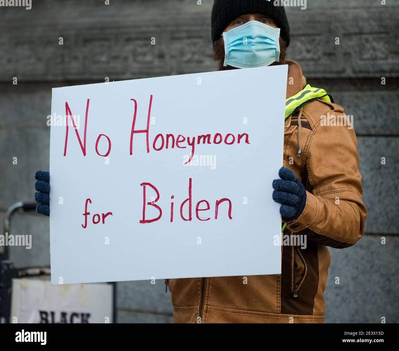 Boston Common, Boston Massachusetts, USA, 20 Jan 2021: less than 100 people on the political left gathered at the Parkman Bandstand on the Boston Common in a peaceful demonstration they called “No Honeymoon for Biden” on Inauguration Day. Credit: Chuck Nacke / Alamy Live News Stock Photo
