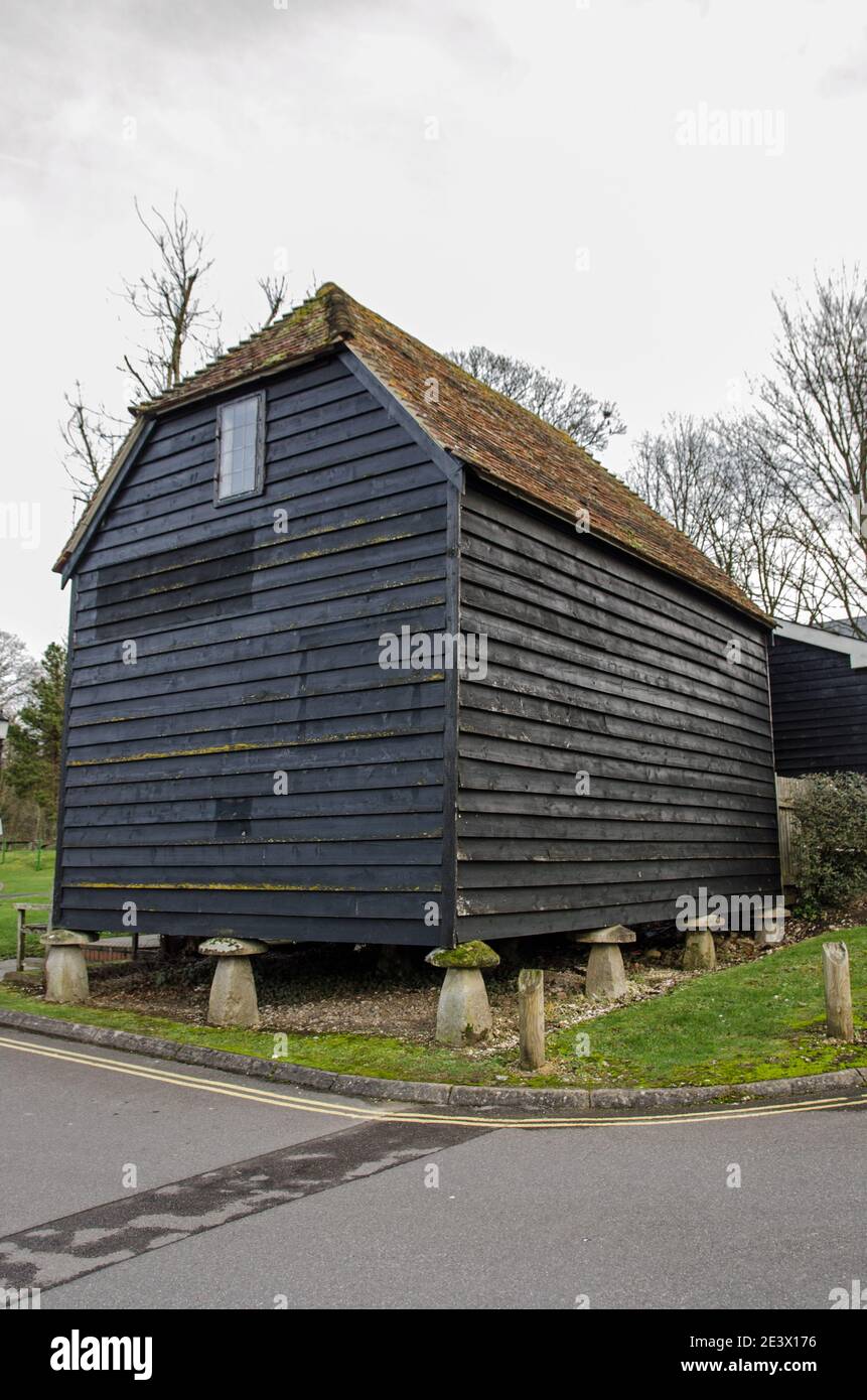 View of the historic wooden granary built on tall stones in an effort to stop mice and rats from eating the grain that was stored inside.  Former Viab Stock Photo