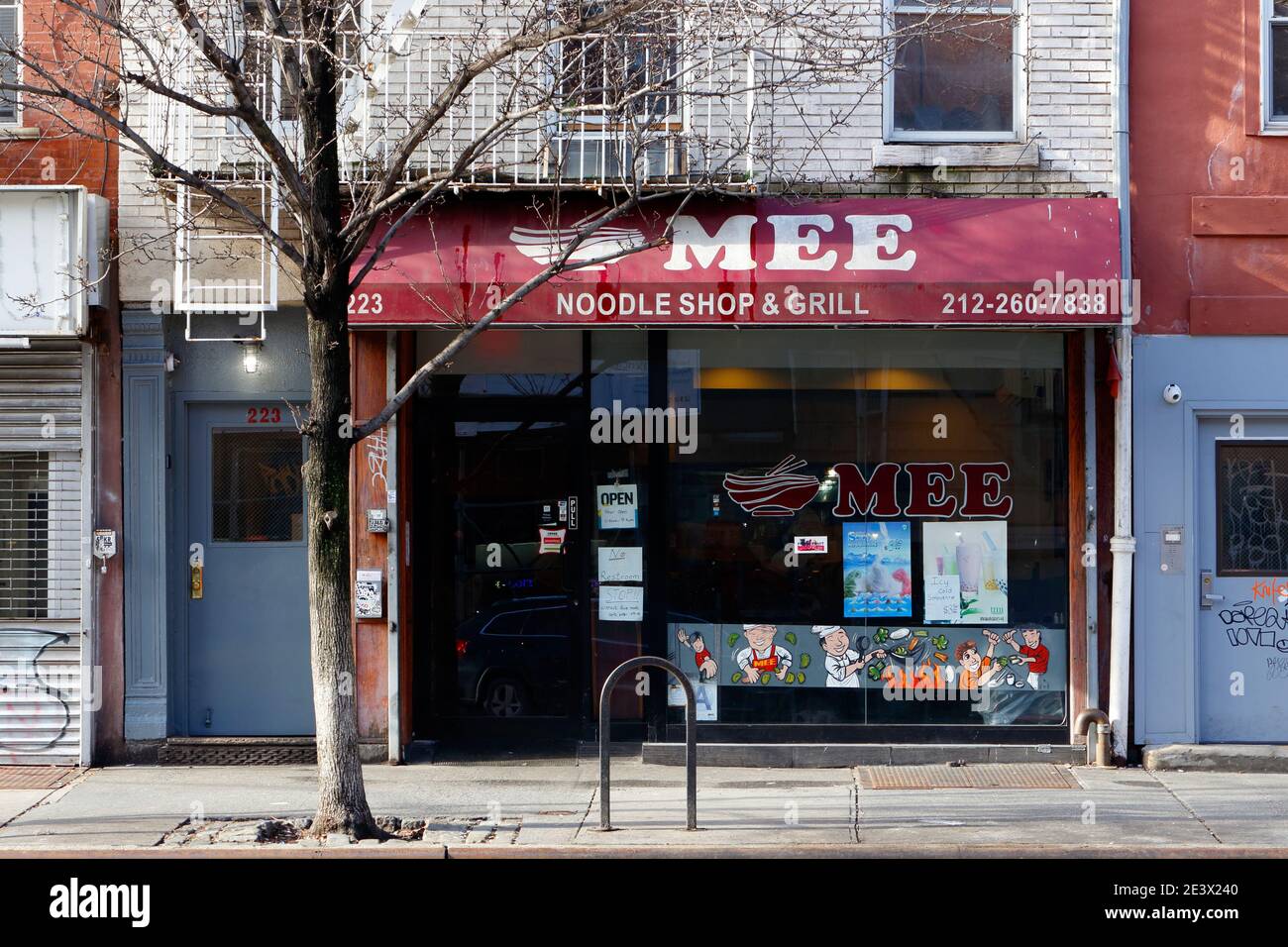 Mee Noodle Shop & Grill, 223 First Ave, New York, NY. exterior storefront of a Chinese noodle