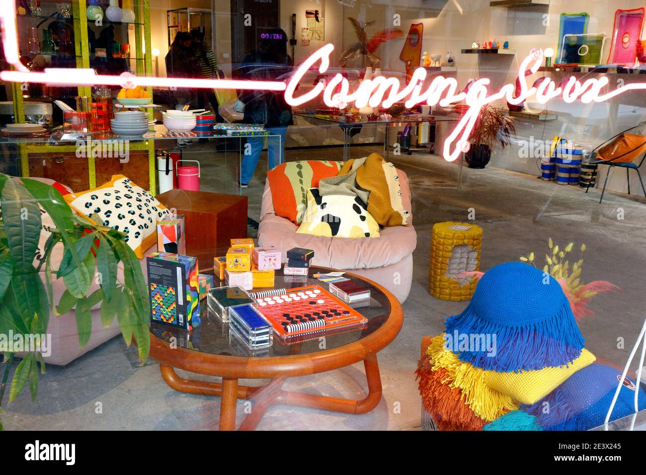 Coming Soon, 53 Canal St, New York, NY. window display of designer chic home furnishings store in the Lower East Side neighborhood of Manhattan. Stock Photo