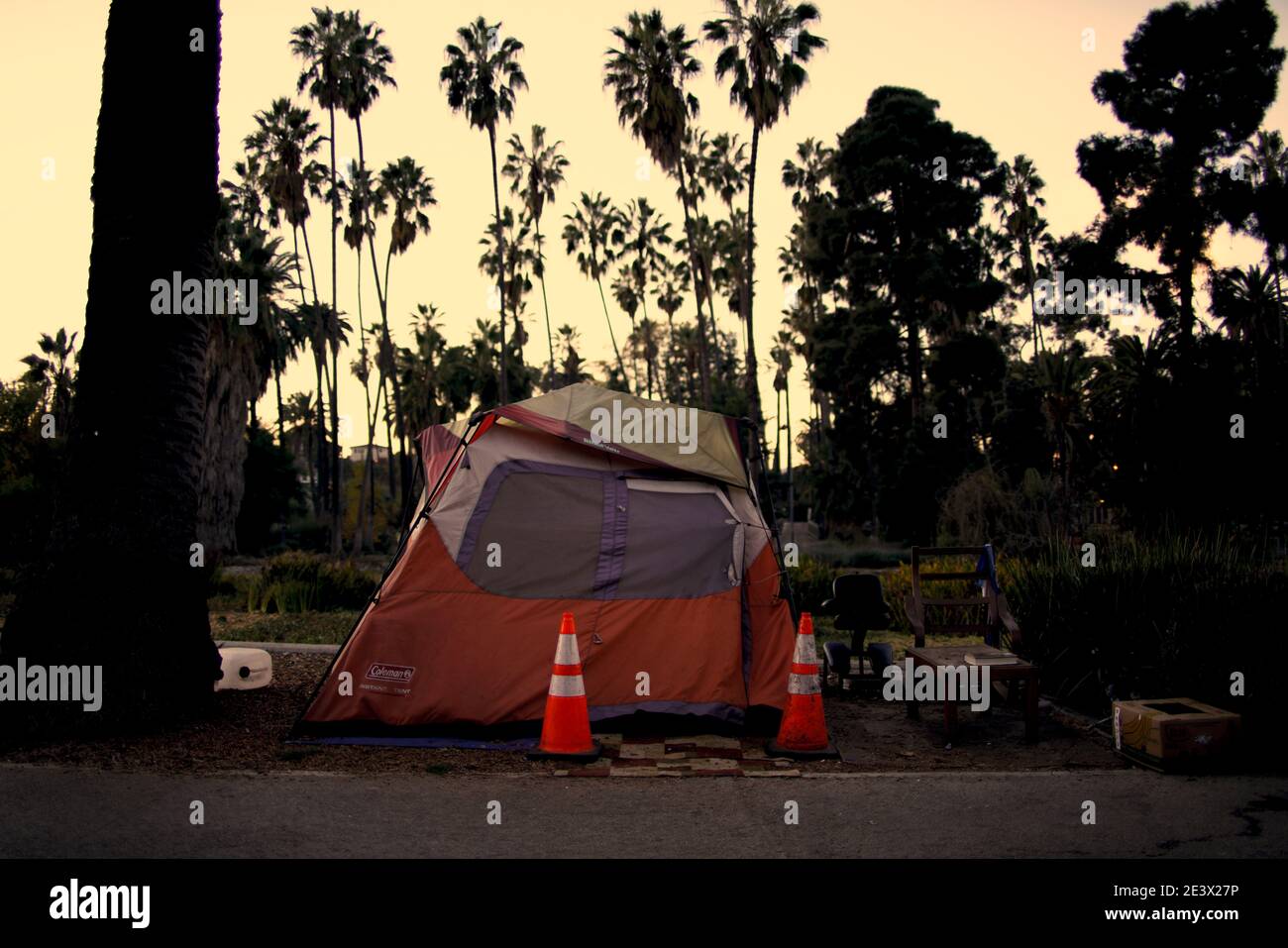 Camping Tent at Echo Park Lake Los Angeles, CA During Covid19 Pandemic December 2020 Stock