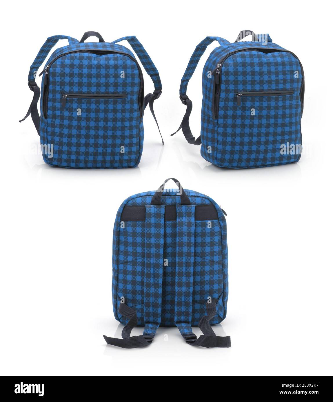 Blue checkered backpack isolated on wthie with different angle Stock Photo