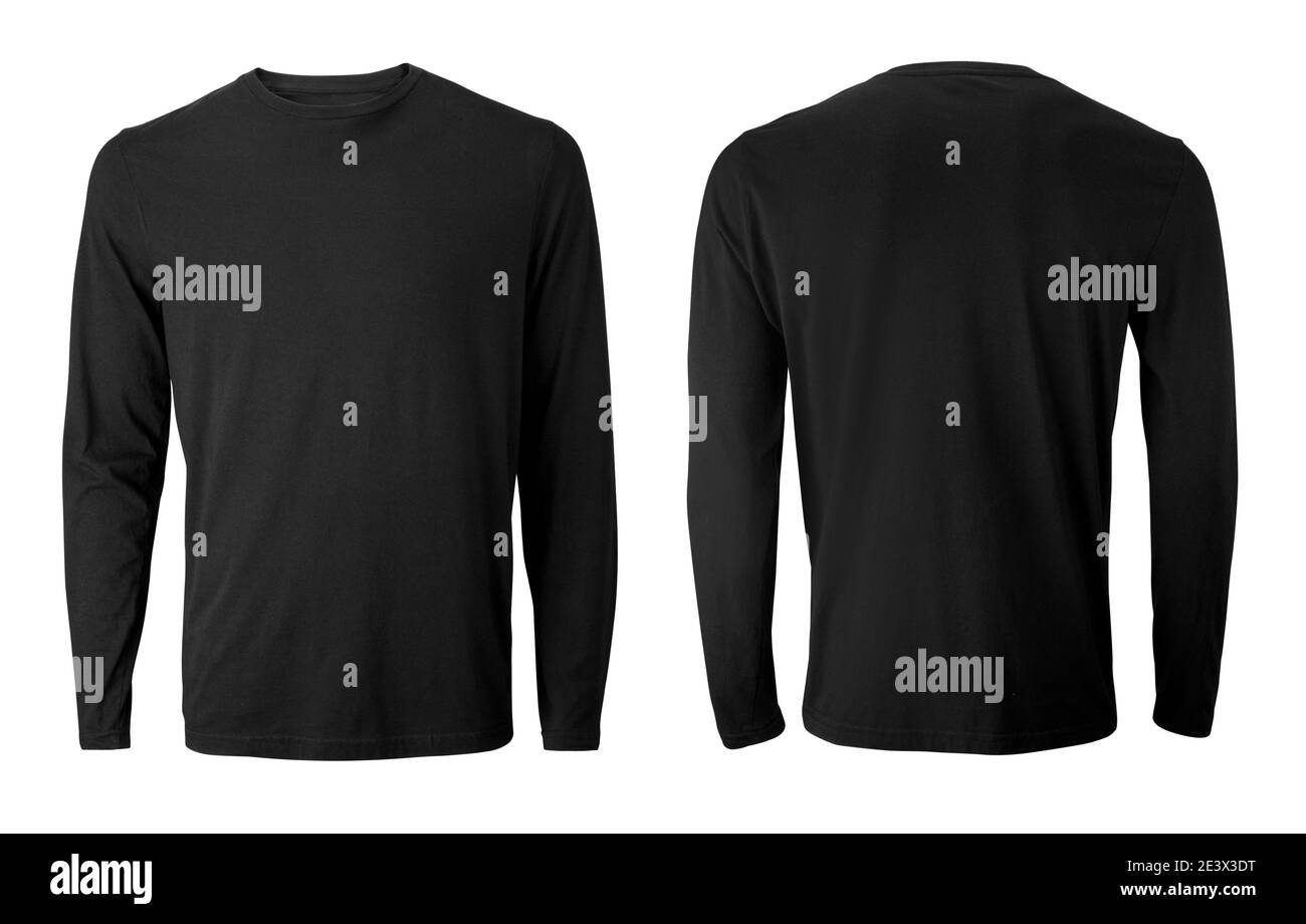 Men's long sleeve black t-shirt with front and back views isolated on white Stock Photo