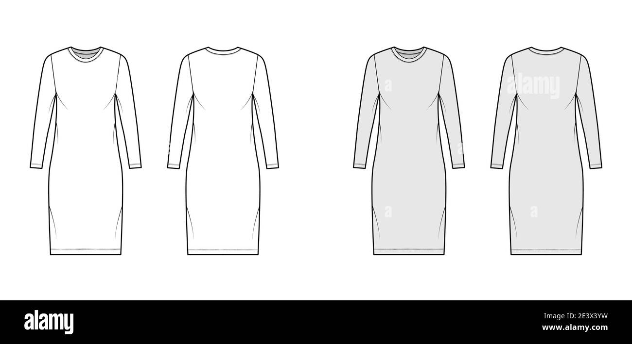T-shirt dress technical fashion illustration with crew neck, long sleeves, knee length, oversized, Pencil fullness. Flat apparel template front, back, white, grey color. Women, men, unisex CAD mockup Stock Vector