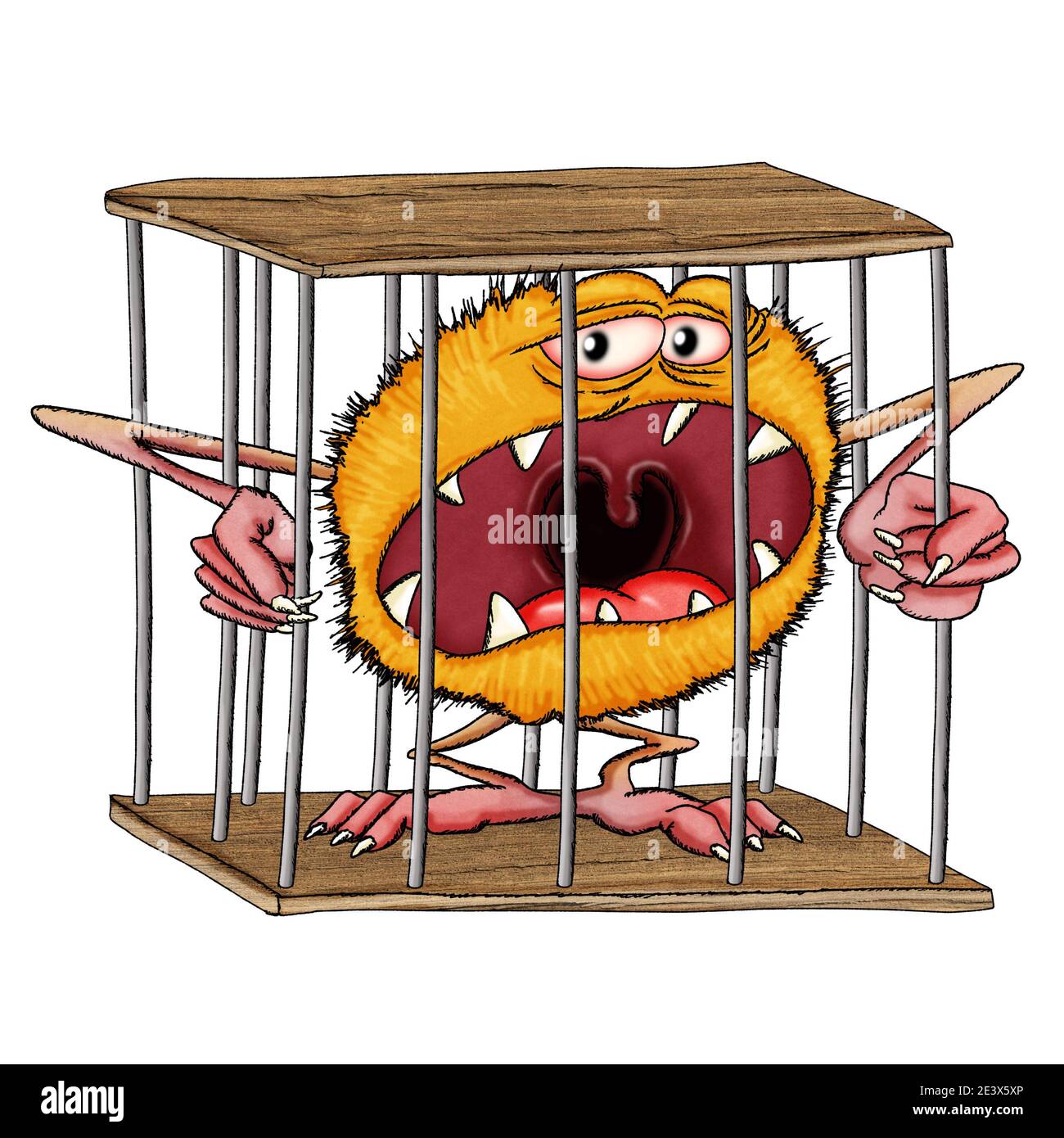 The Toothy Monster is trapped in a cage. Illustration on white background. Stock Photo