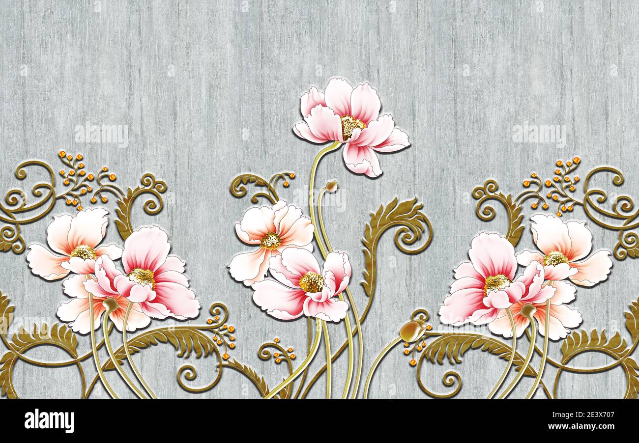 3d illustration, gray textured background, large ornamental pink abstract flowers Stock Photo