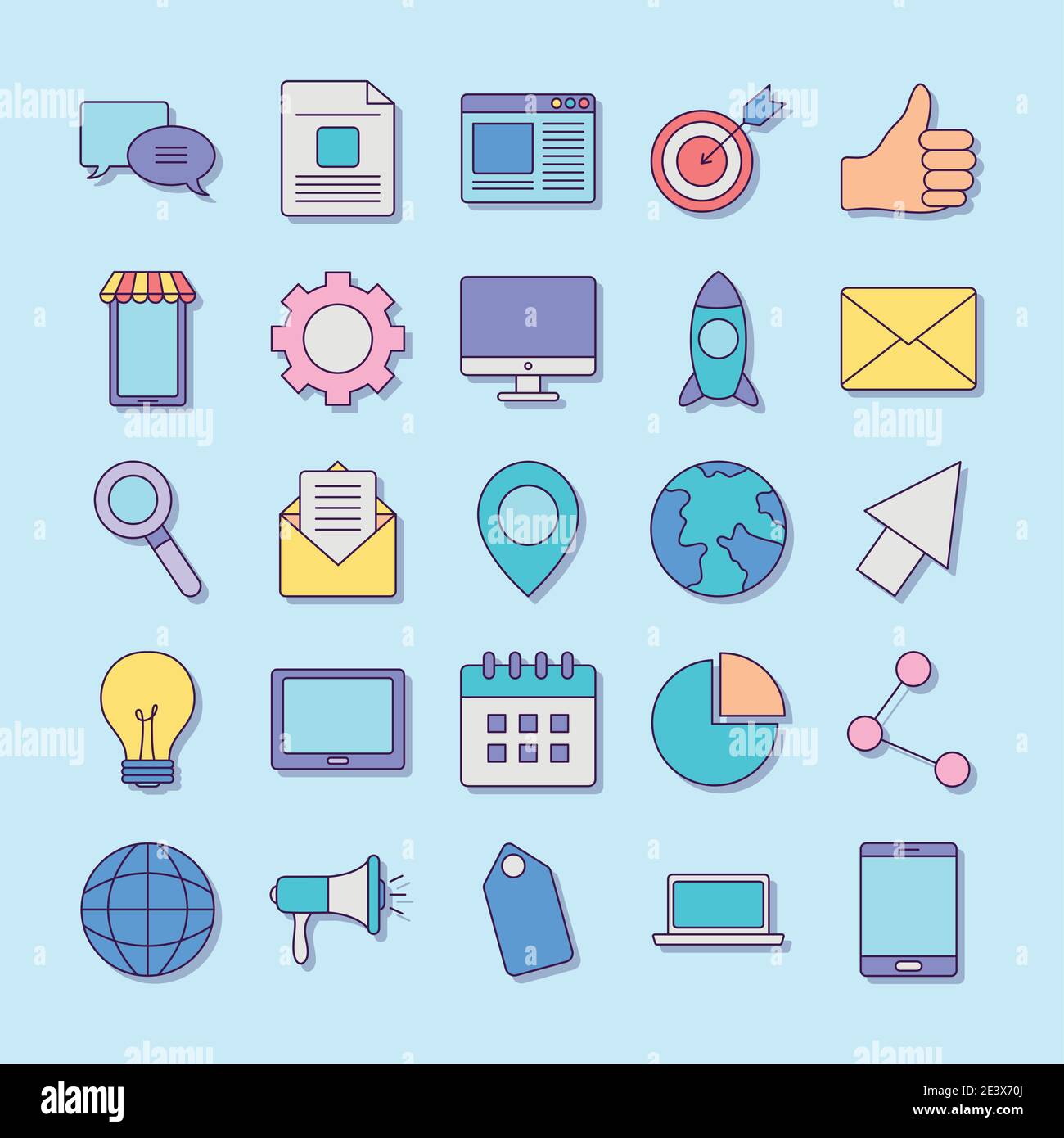 digital marketing icons set over blue background, flat style, vector ...