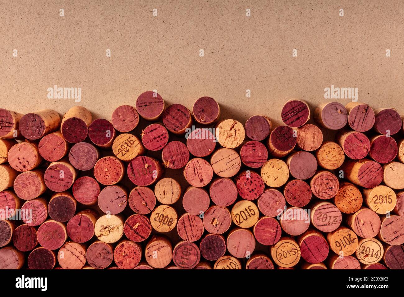Wine corks background, a design template for a restaurant menu or winery brochure, shot from the top with copy space Stock Photo