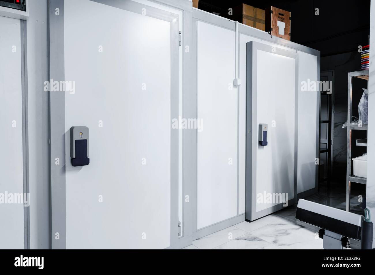 Refrigerator room door in professional kitchen in restaurant Stock Photo