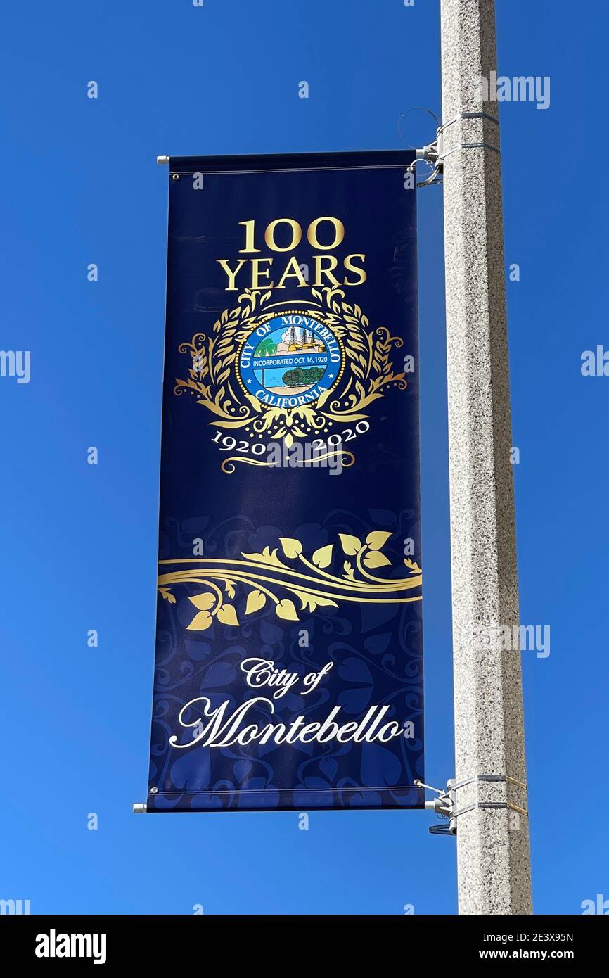 City of Montebello 100th Anniversary banners on Beverly Blvd., Wednesday, Jan. 20, 2021, in Montebello, Calif. Stock Photo