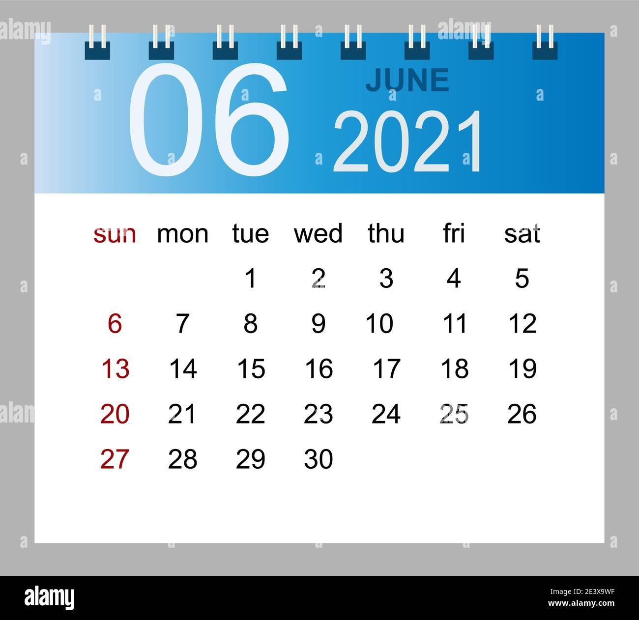 Simple desk calendar for June 2021. Week starts Sunday. Isolated vector