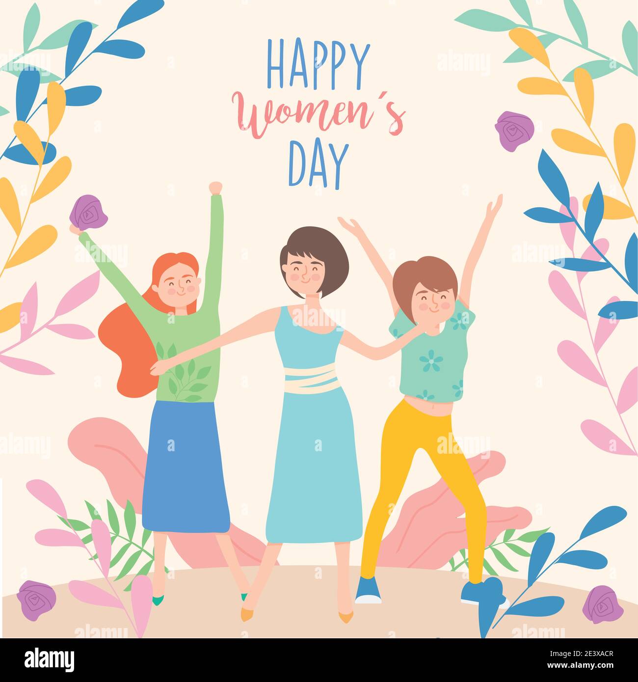 Happy womens day girls cartoons with hands up design of Woman