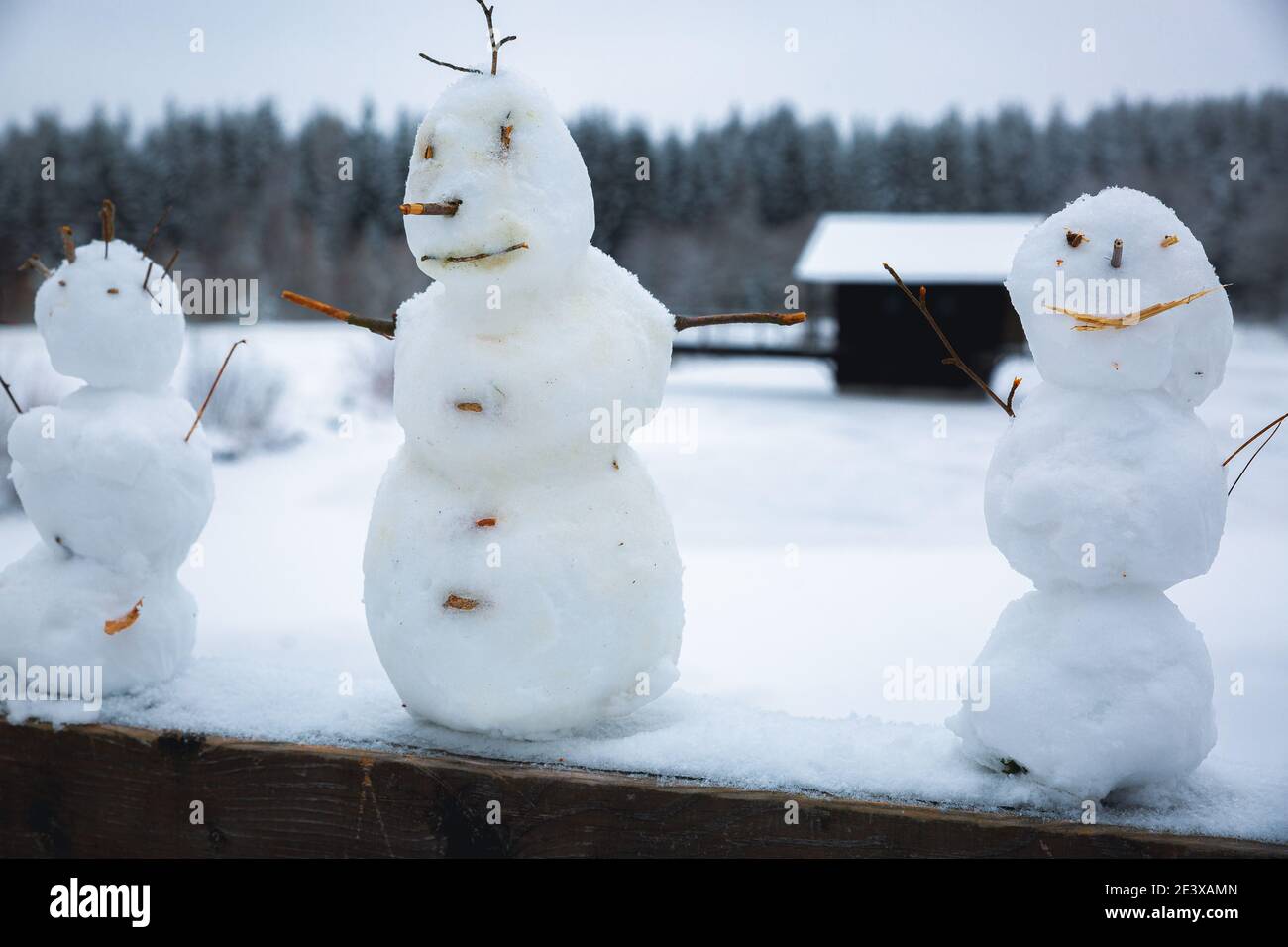 A Small Snowman With A Frozen Lake In The Background Stock Photo Alamy