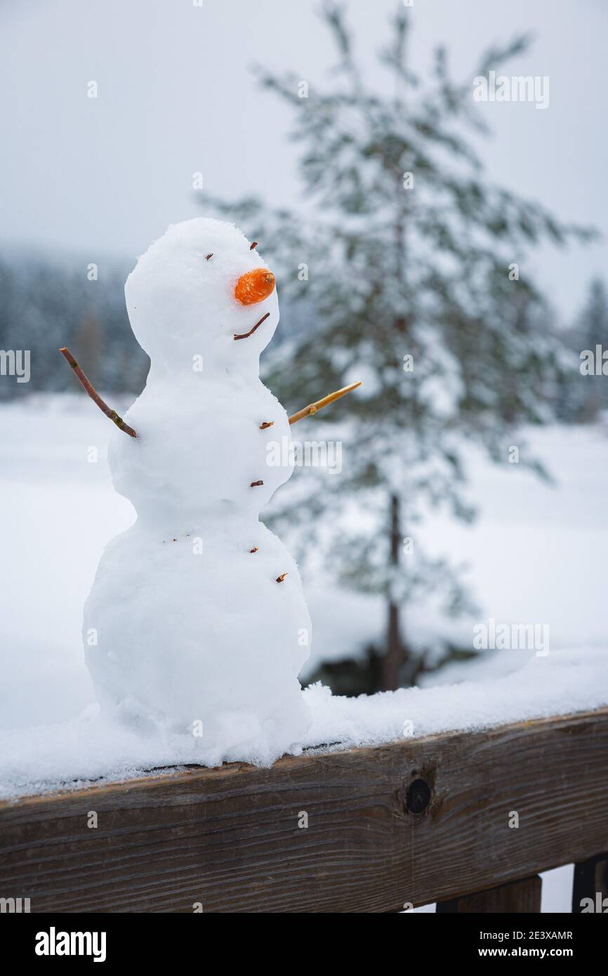 A Small Snowman With A Frozen Lake In The Background Stock Photo Alamy