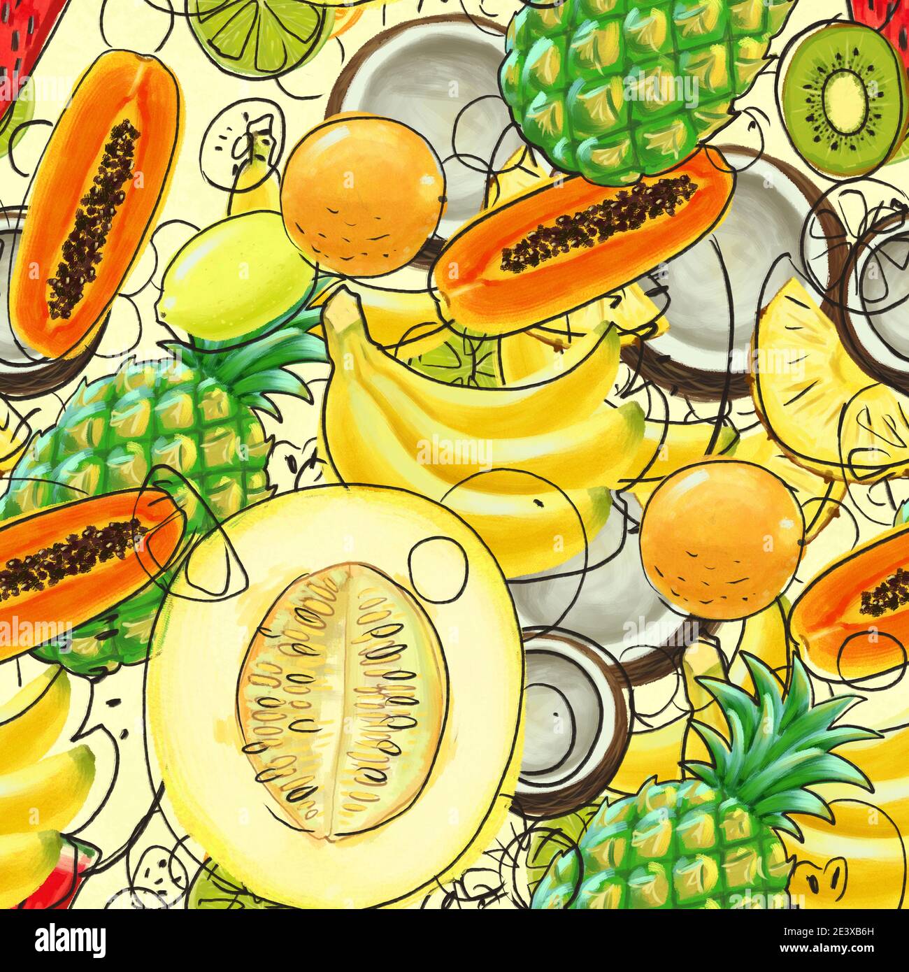 Hand drawn pattern with bananas, coconuts, pineapples. Seamless summer ...