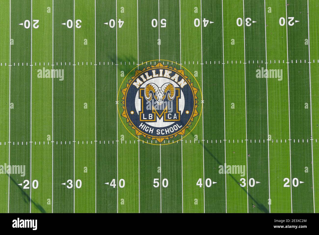 An aerial view of the Rams mascot logo at midfield at DeHaven Stadium ...