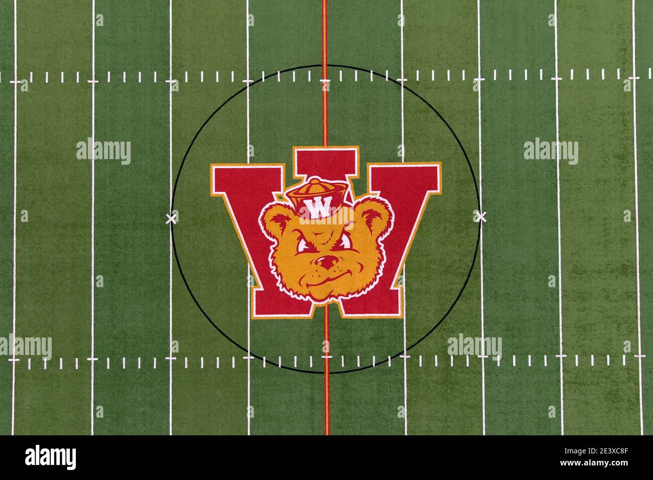 An aerial view of the soccer and football field on the campus of Long