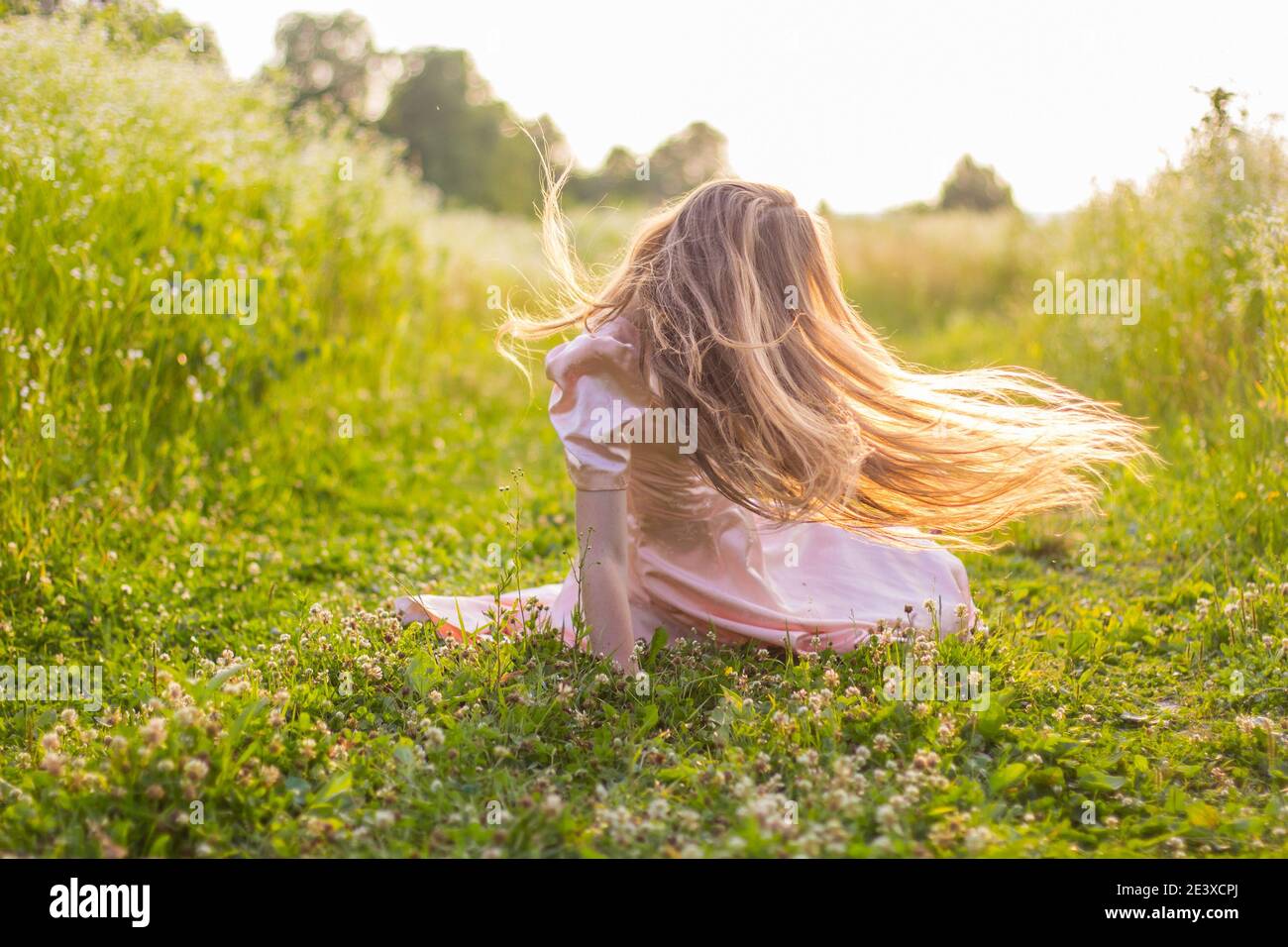 girl sitting in the field in a pink dress Stock Photo