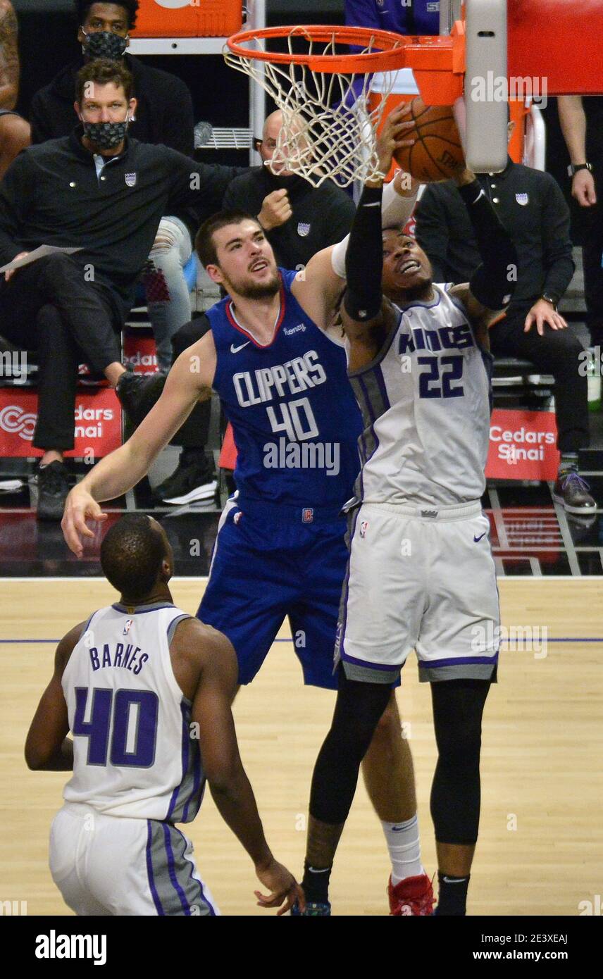 Los Angeles, United States. 20th Jan, 2021. Los Angeles Clippers' center Ivica Zubac blocks the shot of Sacramento Kings' center Richaun Holmes during the fourth quarter at Staples Center in Los Angeles on Wednesday, January 20, 2021. The Clippers defeated the Kings 115-96. Photo by Jim Ruymen/UPI Credit: UPI/Alamy Live News Stock Photo