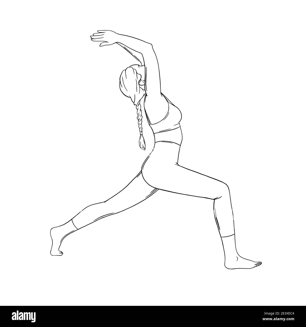 Yoga warrior pose or virabhadrasana. Woman practicing yoga pose. Engraved vector illustration isolated on white background Stock Vector