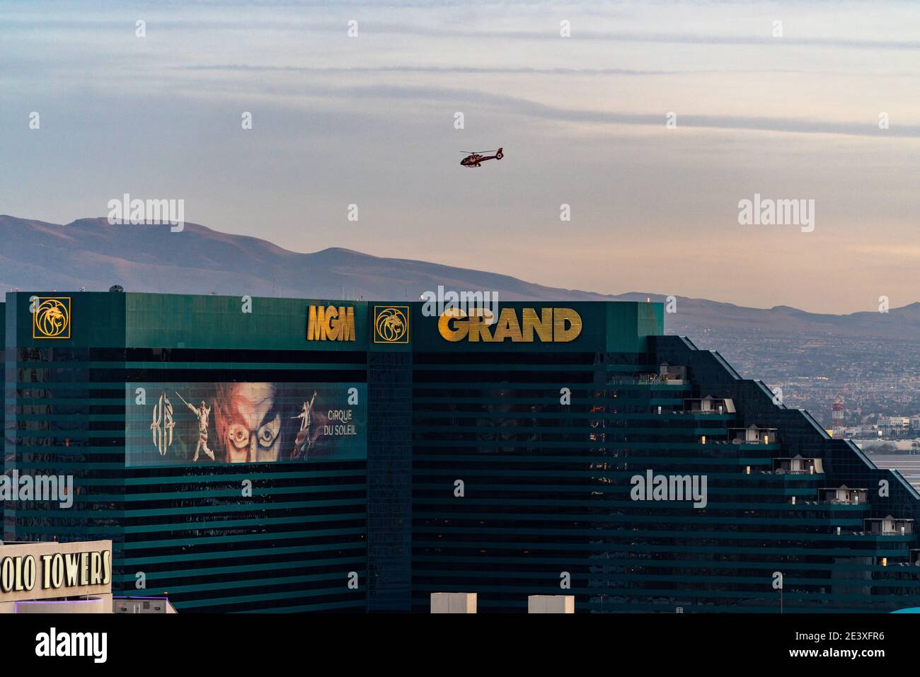 A helicopter flies over the MGM Grand in Las Vegas Stock Photo